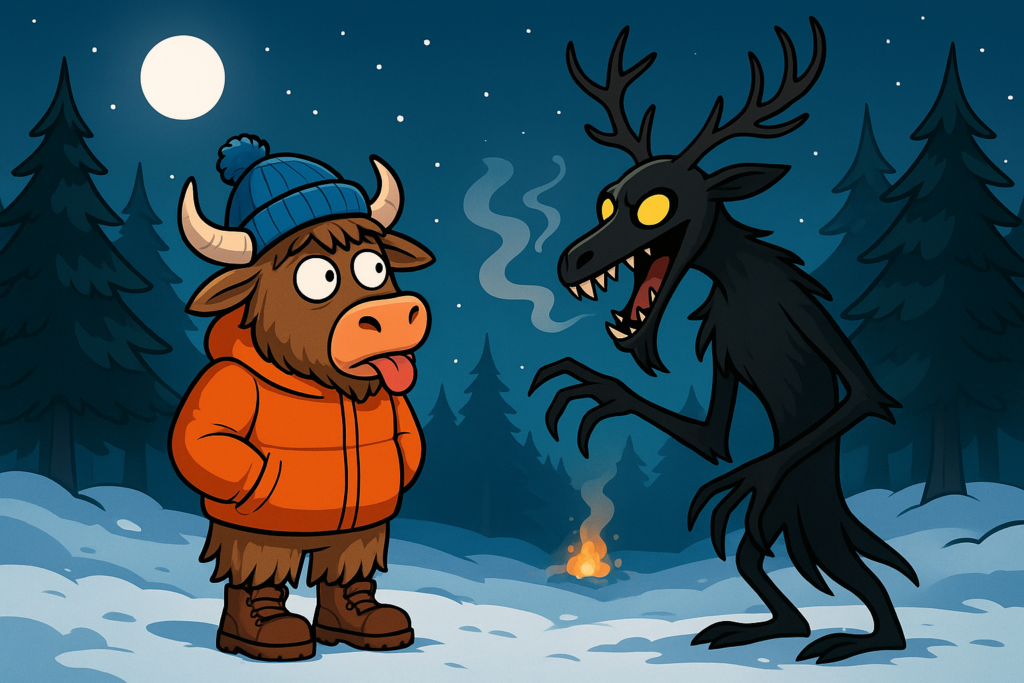 The Yak Yacker mascot, a yak dressed in a winter jacket and beanie, makes a silly face at a laughing Wendigo with antlers and glowing eyes in a snowy forest at night.