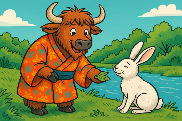 A personified yak with shaggy fur and curved horns, wearing a colorful Japanese kimono, stands on a riverbank offering green leaves to a small white hare. The yak has hooves for hands and a kind, approachable expression. The hare sits on the ground, looking up gratefully. The river and green foliage are bright and clean.