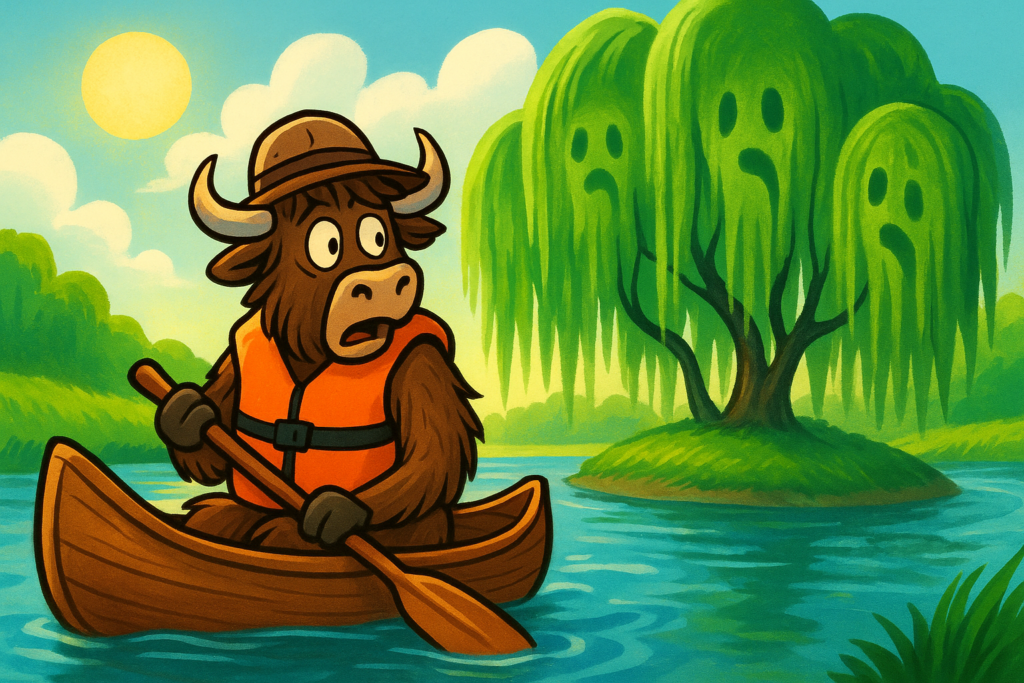 A yak mascot in a life vest and explorer hat sits in a canoe, looking back in surprise at willow trees on an island with branches that resemble whispering faces.