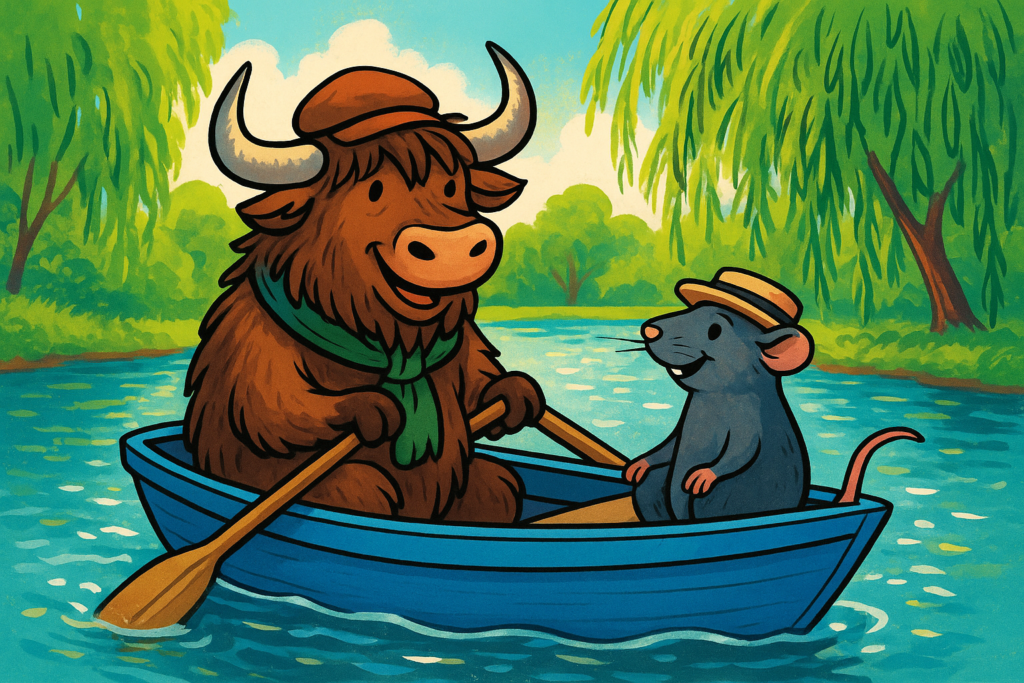 A personified yak wearing a brown cap and green scarf sits in a blue rowing boat with a smiling rat in a boater hat. Willow branches hang over the sunny river, and the water sparkles. The illustration is bright and cartoon-like.
