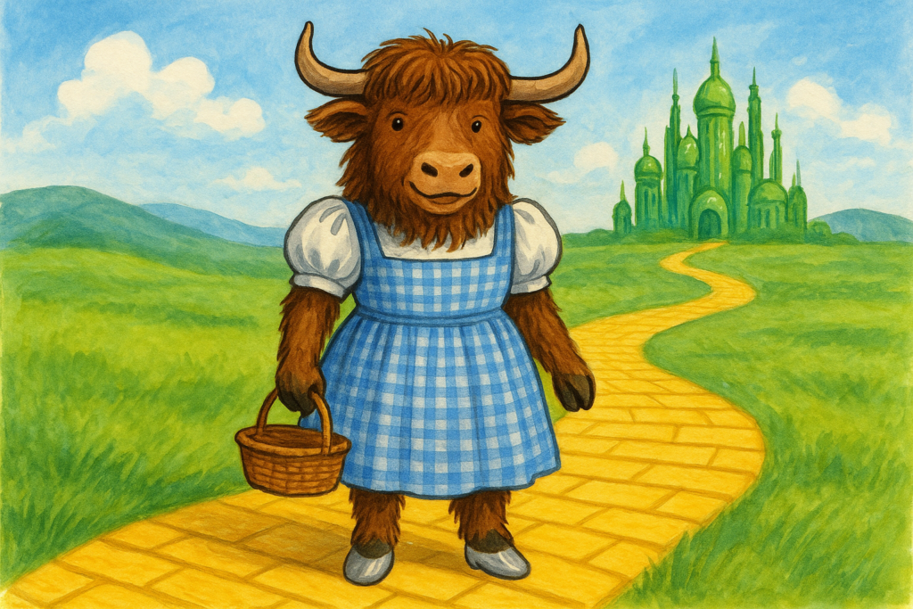 A personified shaggy brown yak with curved horns, standing upright and dressed in a blue gingham Dorothy dress with silver shoes, holding a basket on a yellow brick road that leads to the green Emerald City in the background.