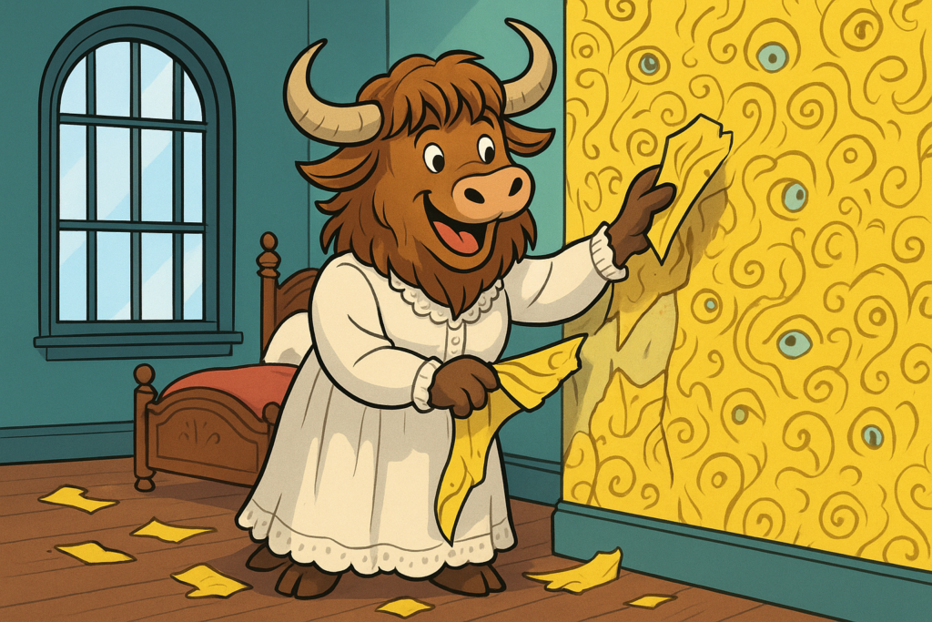 A yak mascot in a vintage white nightgown sits on the floor of an old bedroom, peeling yellow wallpaper with a determined expression. The room has barred windows and a patterned wallpaper with eye-like motifs.