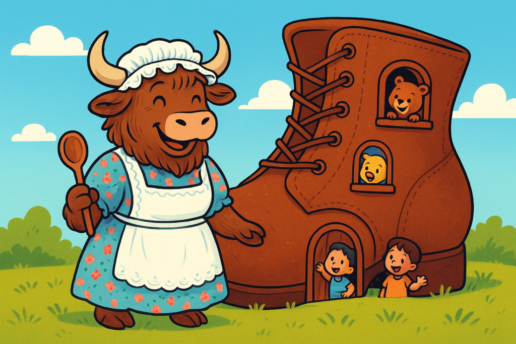 A personified yak dressed as an old woman in a floral dress and lace bonnet stands smiling in front of a giant brown shoe house, with children peeking out and laughing.