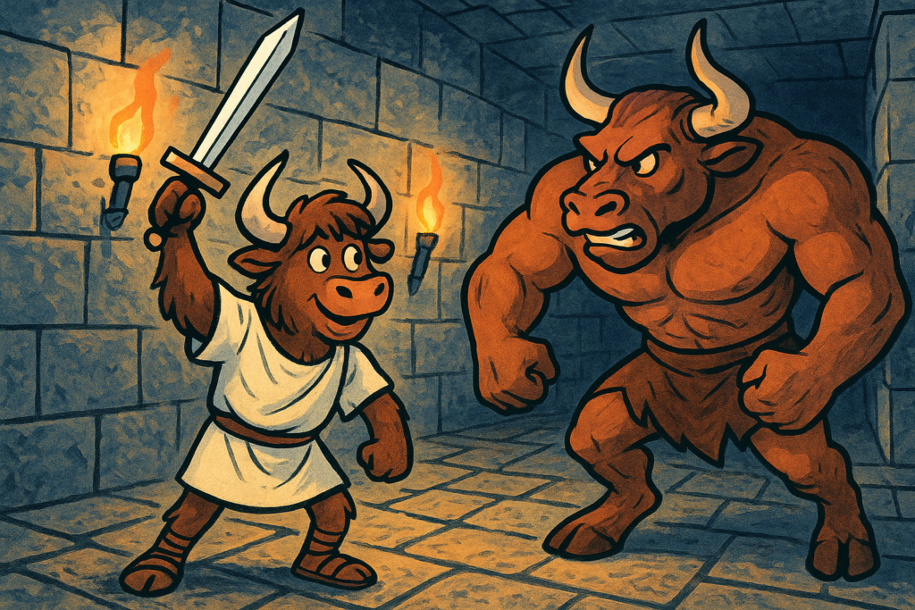A personified yak dressed as Theseus in a tunic and sandals, holding a sword, confronts the giant Minotaur in a torch-lit stone labyrinth. The yak has shaggy fur, curved horns, and a determined yet funny face, while the Minotaur towers with a bull head and muscular human body.
