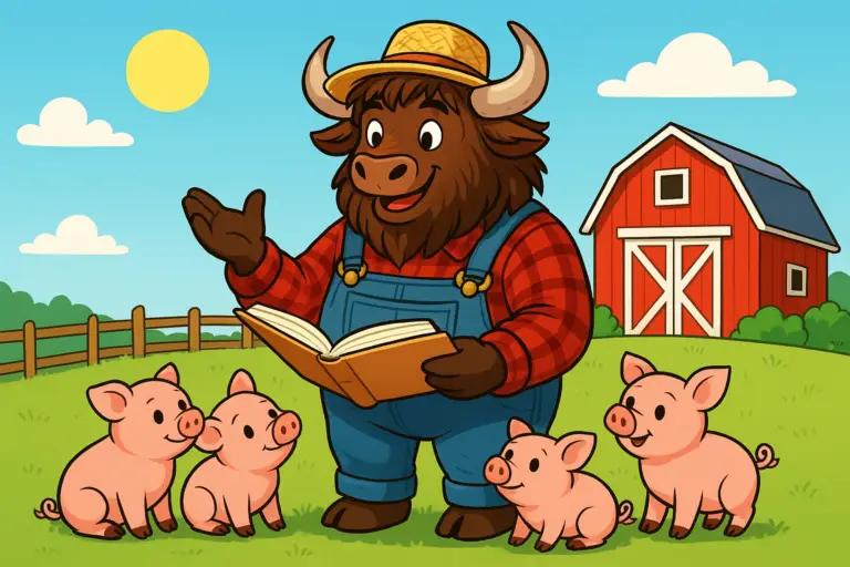 A personified yak mascot dressed as a farmer reads a storybook to five cute pink piglets in a bright farmyard.