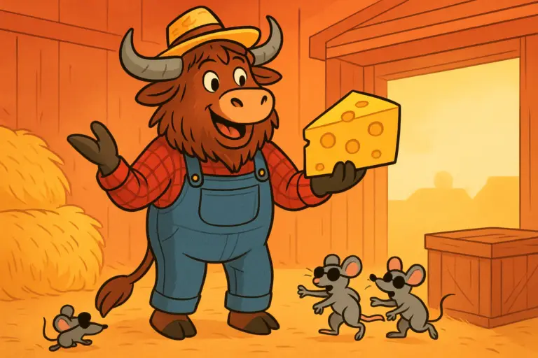 A personified yak dressed as a farmer holds a wedge of cheese while three small blind mice with sunglasses bump into objects in a barn.
