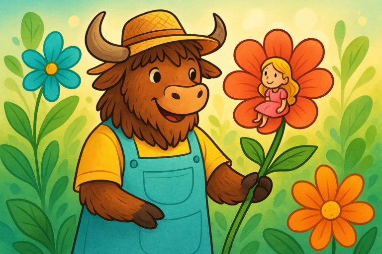 A personified yak dressed as a gardener holds a large flower containing the tiny girl Thumbelina.