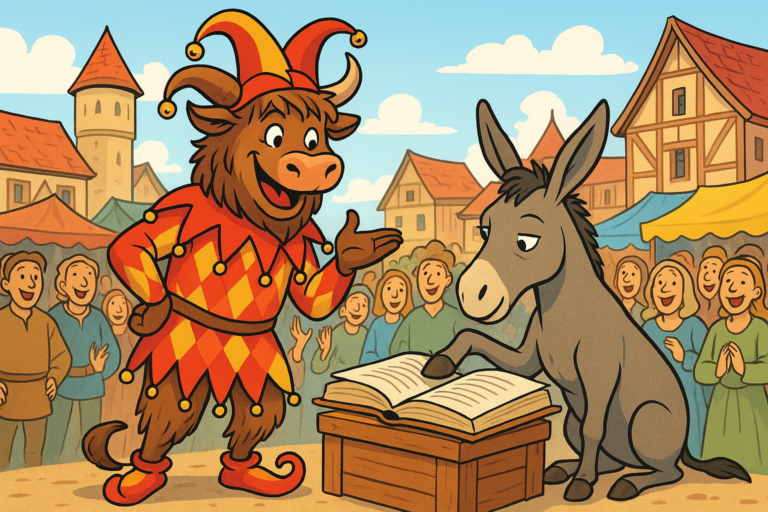 The Yak Yacker mascot, a grinning yak dressed as a medieval jester, stands proudly next to a donkey that is flipping the page of a large book with its nose, while a crowd of amazed townspeople watches in a sunny market square.