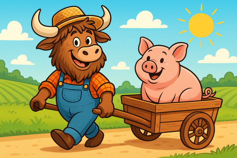 A yak mascot dressed as a farmer, with curved horns and shaggy fur, stands upright and pulls a wooden cart containing a large pink pig along a sunny path to market.