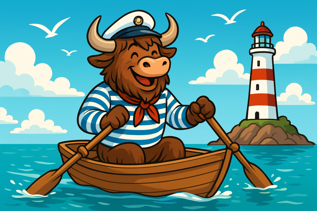 The Yak Yacker mascot, a personified yak in a sailor outfit, rows a small boat towards a white-and-red lighthouse on a bright, sunny day with calm blue water and seagulls flying overhead.