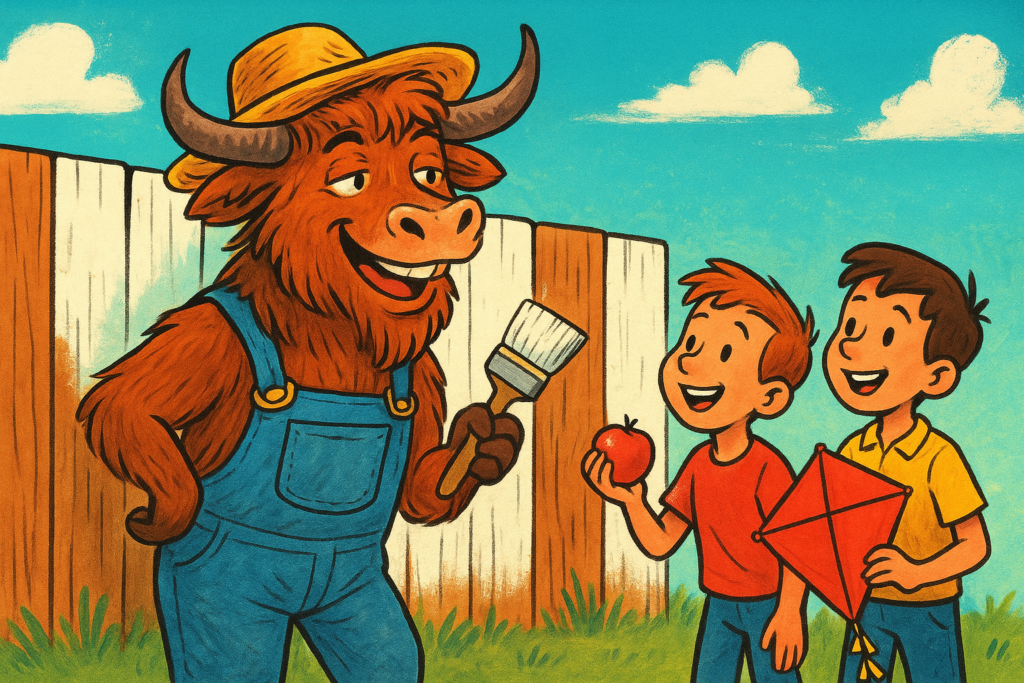 A yak mascot dressed as Tom Sawyer whitewashes a fence while two boys watch, one offering an apple.