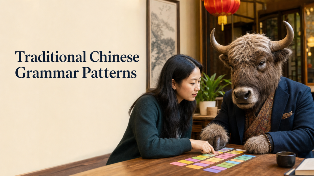 Adult Yak Yacker teaching Traditional Chinese Grammar Patterns in warm café classroom.