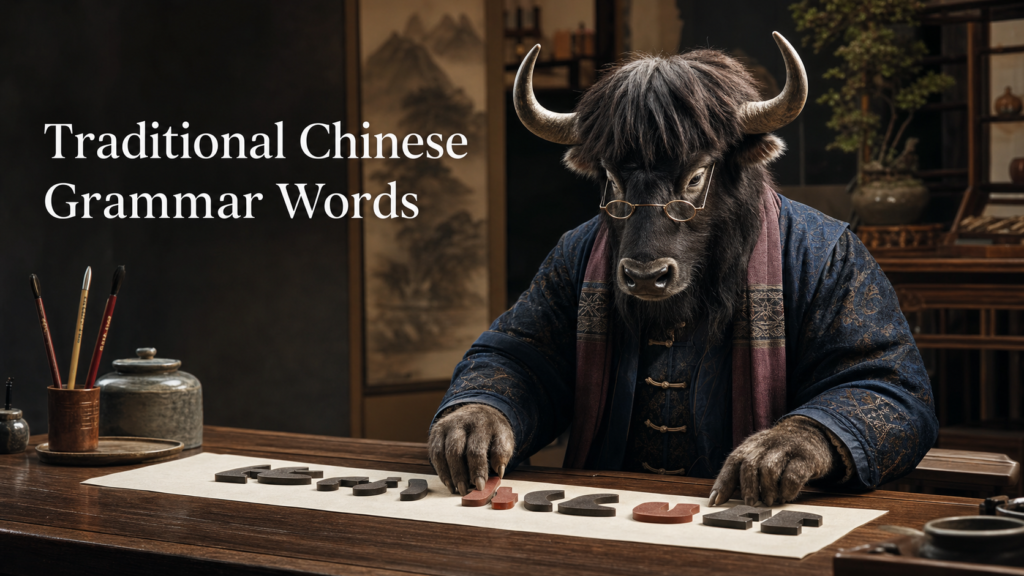 Adult Yak Yacker explaining Traditional Chinese grammar words in a Taipei calligraphy studio.