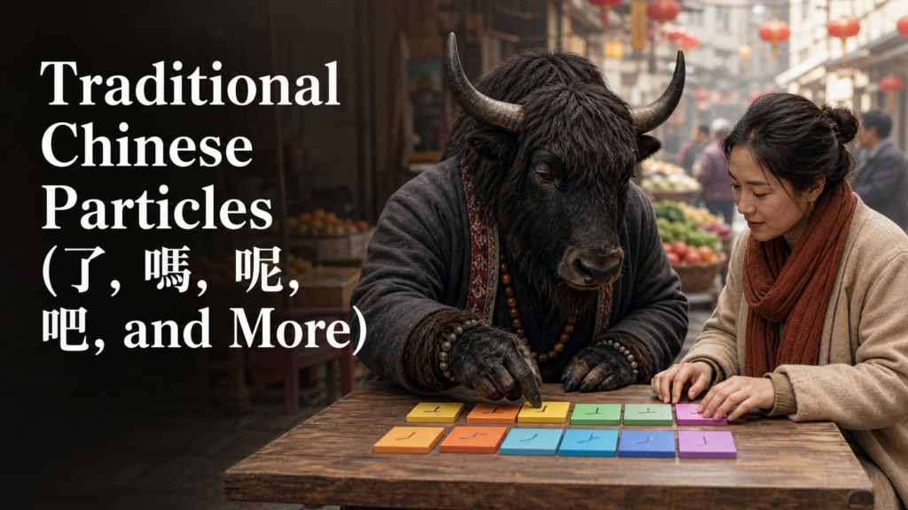 Adult Yak Yacker teaching Traditional Chinese Particles (了, å—Ž, å‘¢, å§, and More) in busy neighbourhood market.