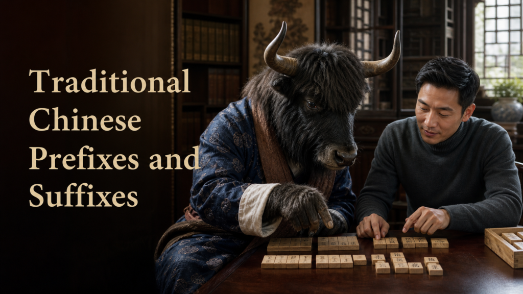 Adult Yak Yacker teaching Traditional Chinese Prefixes and Suffixes in quiet historic library.