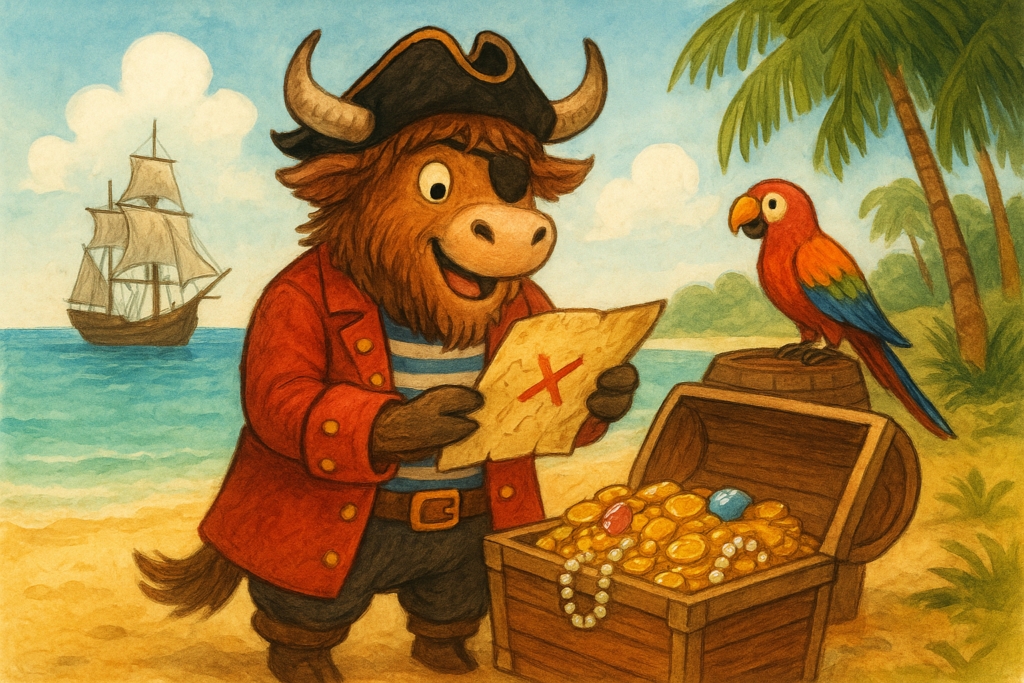 A shaggy yak mascot dressed as a pirate, holding a treasure map and admiring a chest full of gold coins on a sunny island beach.