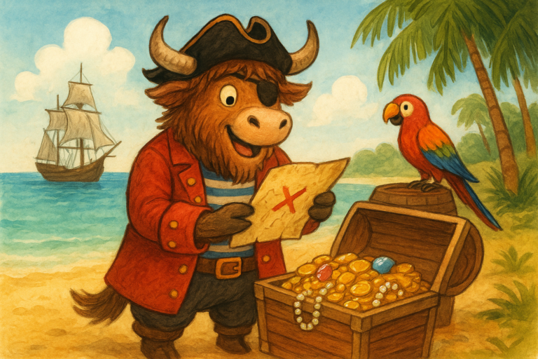 A shaggy yak mascot dressed as a pirate, holding a treasure map and admiring a chest full of gold coins on a sunny island beach.