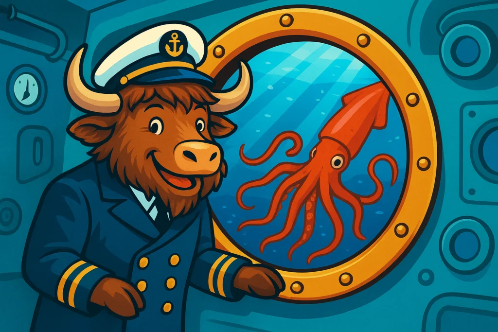 A personified yak in a naval captain's uniform looks through a submarine porthole at a giant squid, in a bright and playful editorial illustration.