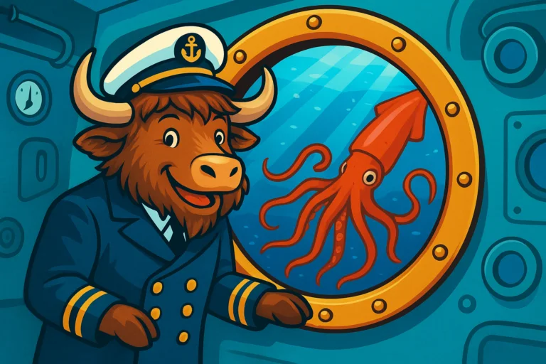 A personified yak in a naval captain's uniform looks through a submarine porthole at a giant squid, in a bright and playful editorial illustration.