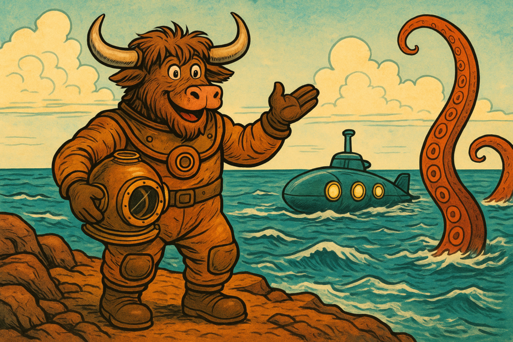 A yak mascot in an old-fashioned brass diving suit stands on a rocky shore, pointing a hoof at a glowing submarine in the sea, with a giant octopus tentacle rising from the water behind.