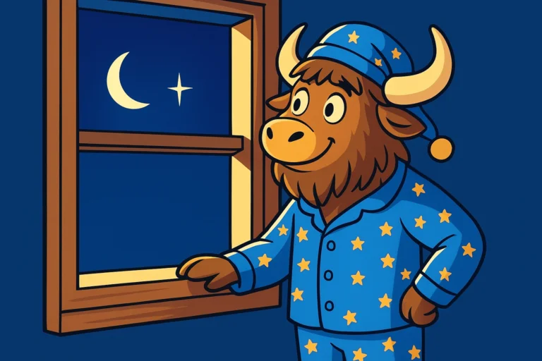A yak in star-patterned pajamas and nightcap stands by a window, looking up at a bright, twinkling star in the night sky.
