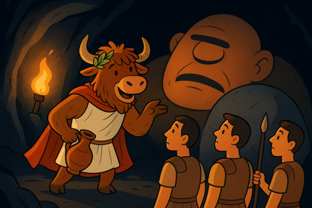 A cartoon yak dressed as a Greek hero whispers to a group of men in a cave, while a giant one-eyed Cyclops sleeps behind them.