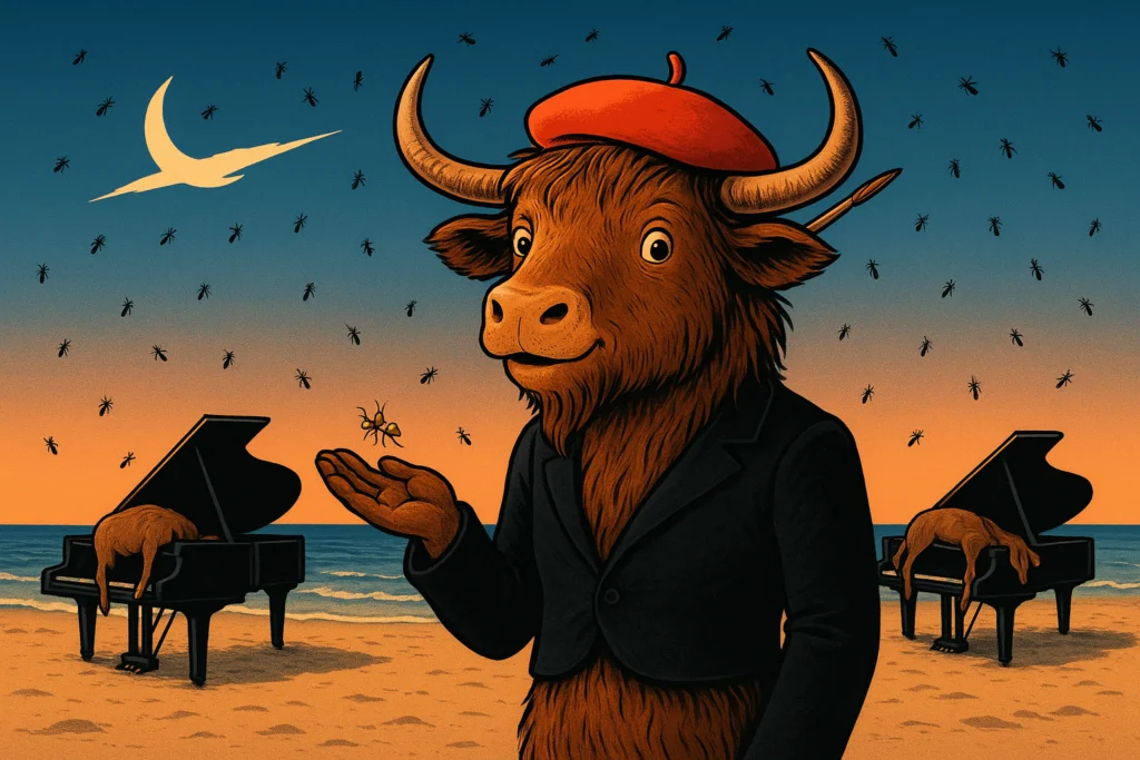 An editorial illustration featuring a personified yak dressed as a surrealist painter on a beach. The yak holds a golden ant, and behind it are two pianos with dead donkeys on the sand. A cloud slicing the moon is in the sky, and tiny ants fall like rain.