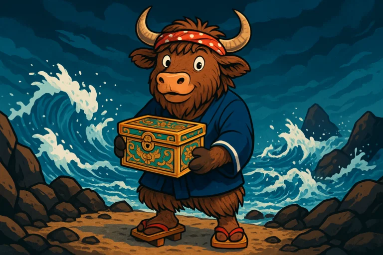 An editorial illustration of the Yak Yacker mascot-a personified yak with curved horns and shaggy fur-dressed as the Japanese fisherman Urashima Tarō. He stands on a rocky shore, holding a decorative box, as waves crash and the sky darkens dramatically.