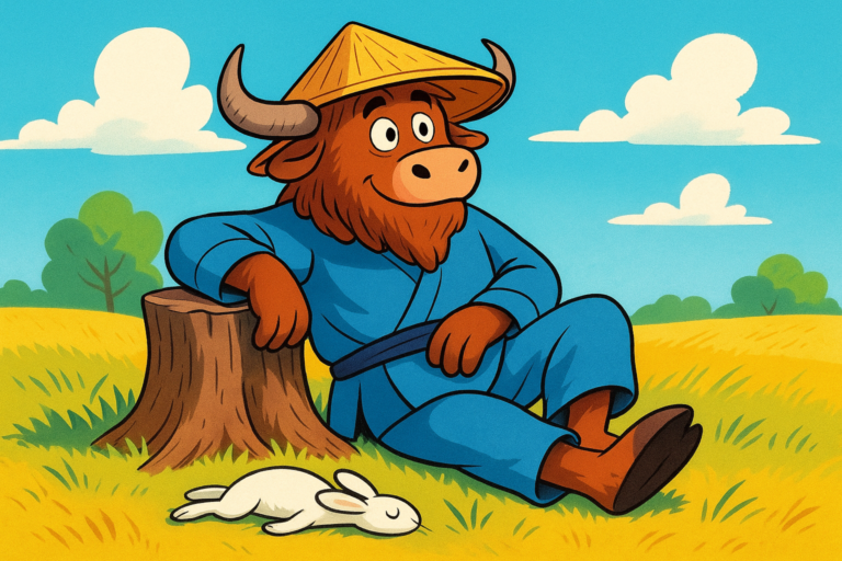 A yak mascot dressed as a Chinese farmer in a straw hat sits by a tree stump in a field, looking out while a dead rabbit lies beside him.