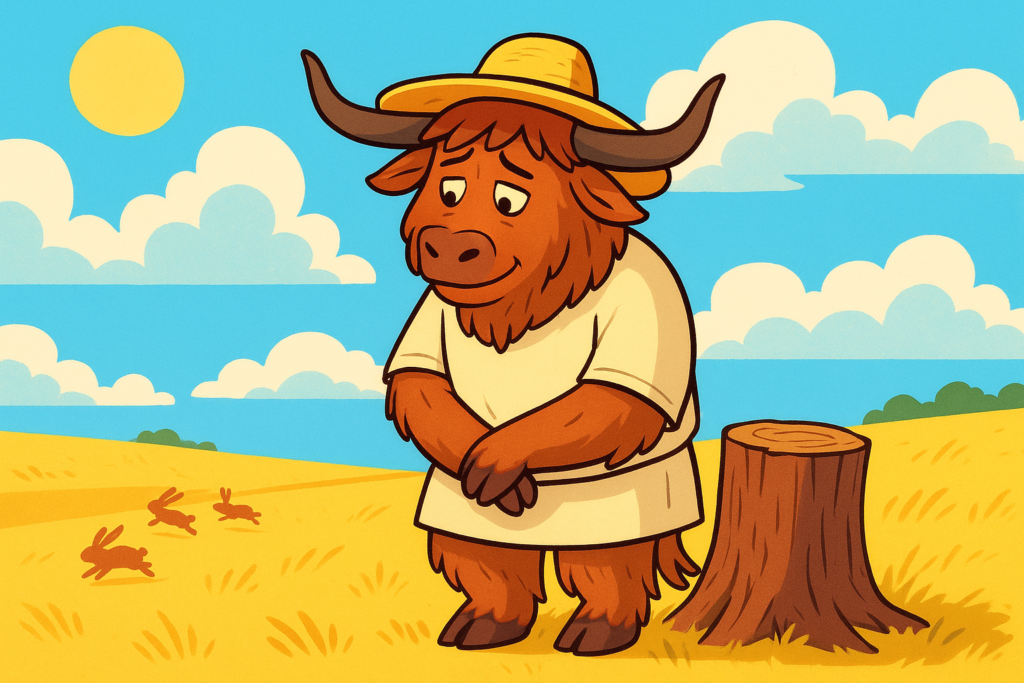 Yak Yacker mascot, a shaggy yak in a farmer's hat, leaning on a tree stump in a field while rabbits run in the distance, illustrating the Chinese fable 'Waiting by a Tree Stump for Rabbits'.