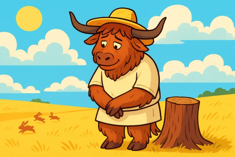 Yak Yacker mascot, a shaggy yak in a farmer's hat, leaning on a tree stump in a field while rabbits run in the distance, illustrating the Chinese fable 'Waiting by a Tree Stump for Rabbits'.