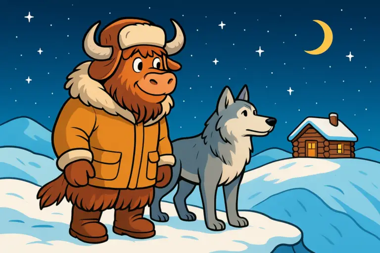 A personified yak dressed in an explorer parka and trapper hat stands beside a grey wolf-dog on a snowy ridge, looking at a warm-lit cabin under a starry sky.