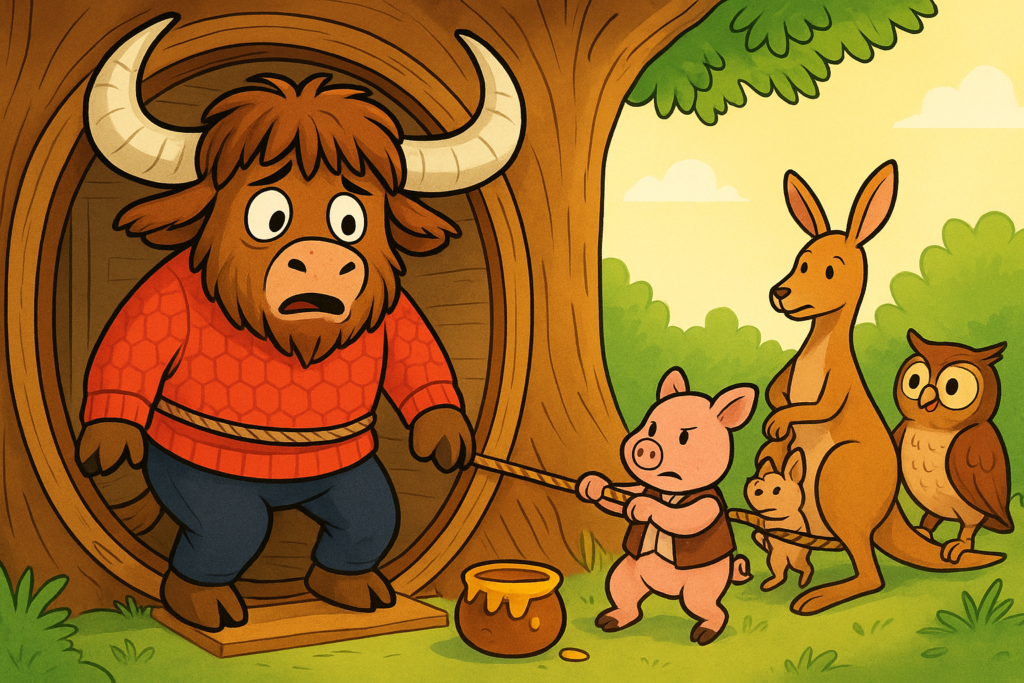 A cartoon yak in a red sweater stuck in a tree house doorway, with a honey pot on the floor, as animal friends try to pull him out.