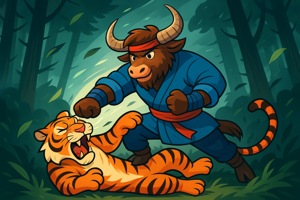A personified yak wearing a blue martial arts outfit and headband wrestles a tiger in a forest. The yak has shaggy fur, curved horns, and a determined expression. The tiger is large, with orange and black stripes. The scene is set in a windy forest with dark trees and flying leaves, but brightly lit.