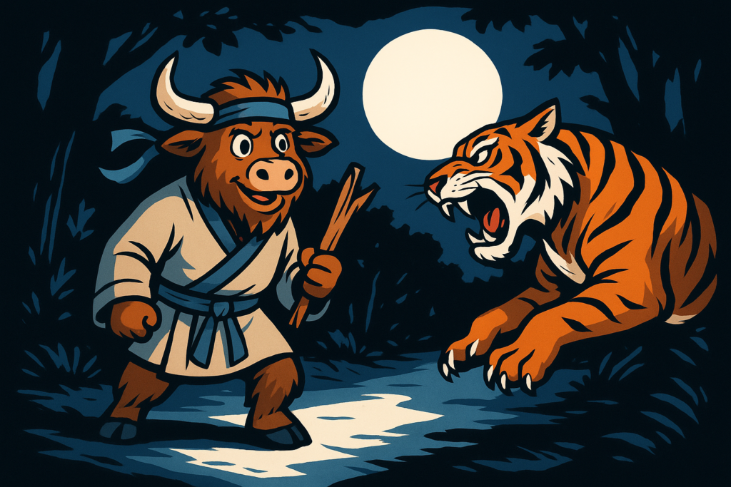 A personified yak mascot dressed as a Chinese martial hero stands in a moonlit forest, holding a broken staff and confronting a leaping tiger. The yak has shaggy fur, curved horns, and wears a martial arts outfit.
