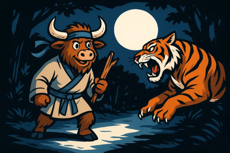 A personified yak mascot dressed as a Chinese martial hero stands in a moonlit forest, holding a broken staff and confronting a leaping tiger. The yak has shaggy fur, curved horns, and wears a martial arts outfit.