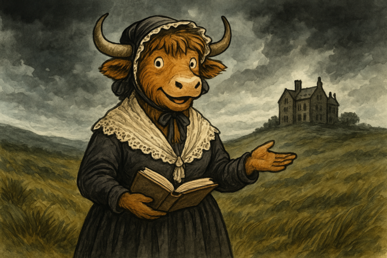 A smiling yak dressed in a vintage dress and bonnet stands on a grassy moor, holding an open book, with a dark manor house in the distance.