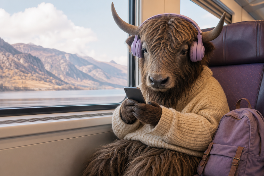 A yak studies language flashcards on a phone while travelling by train
