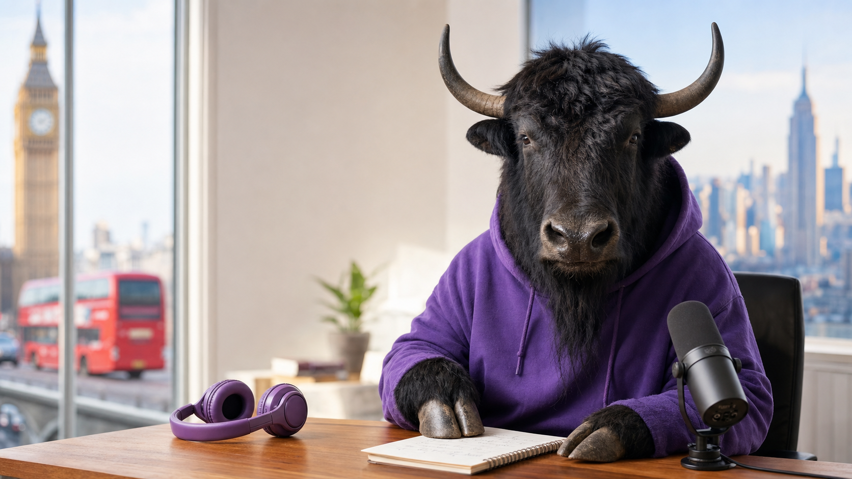 A friendly yak studying English at a desk with London and New York in the background.