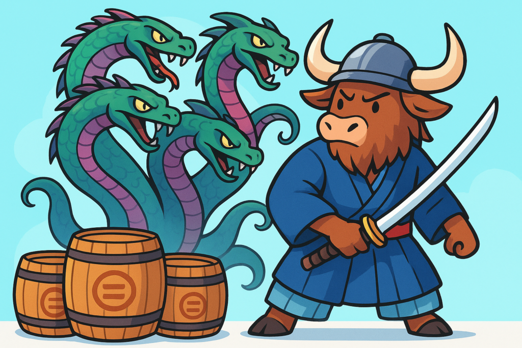 A personified yak mascot dressed as a samurai, holding a katana sword, stands in front of a giant eight-headed serpent monster and sake barrels, in a bright cartoon editorial illustration.
