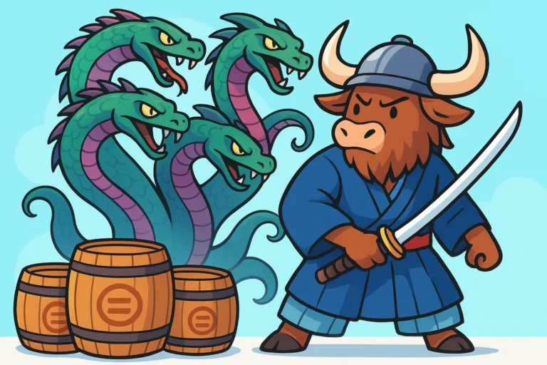 A personified yak mascot dressed as a samurai, holding a katana sword, stands in front of a giant eight-headed serpent monster and sake barrels, in a bright cartoon editorial illustration.