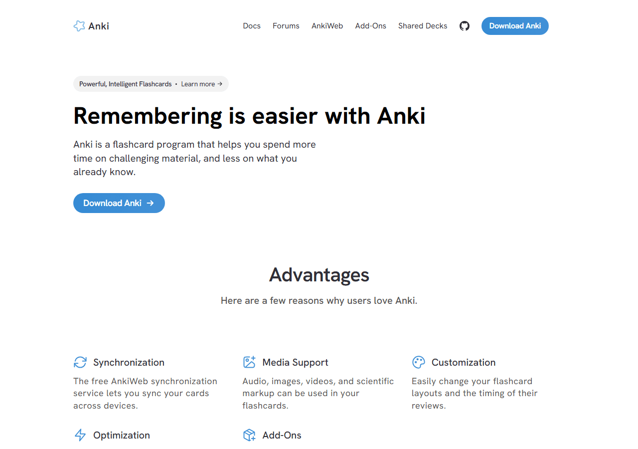 Anki download homepage for desktop flashcards, used in a review of Anki as a language learning tool.