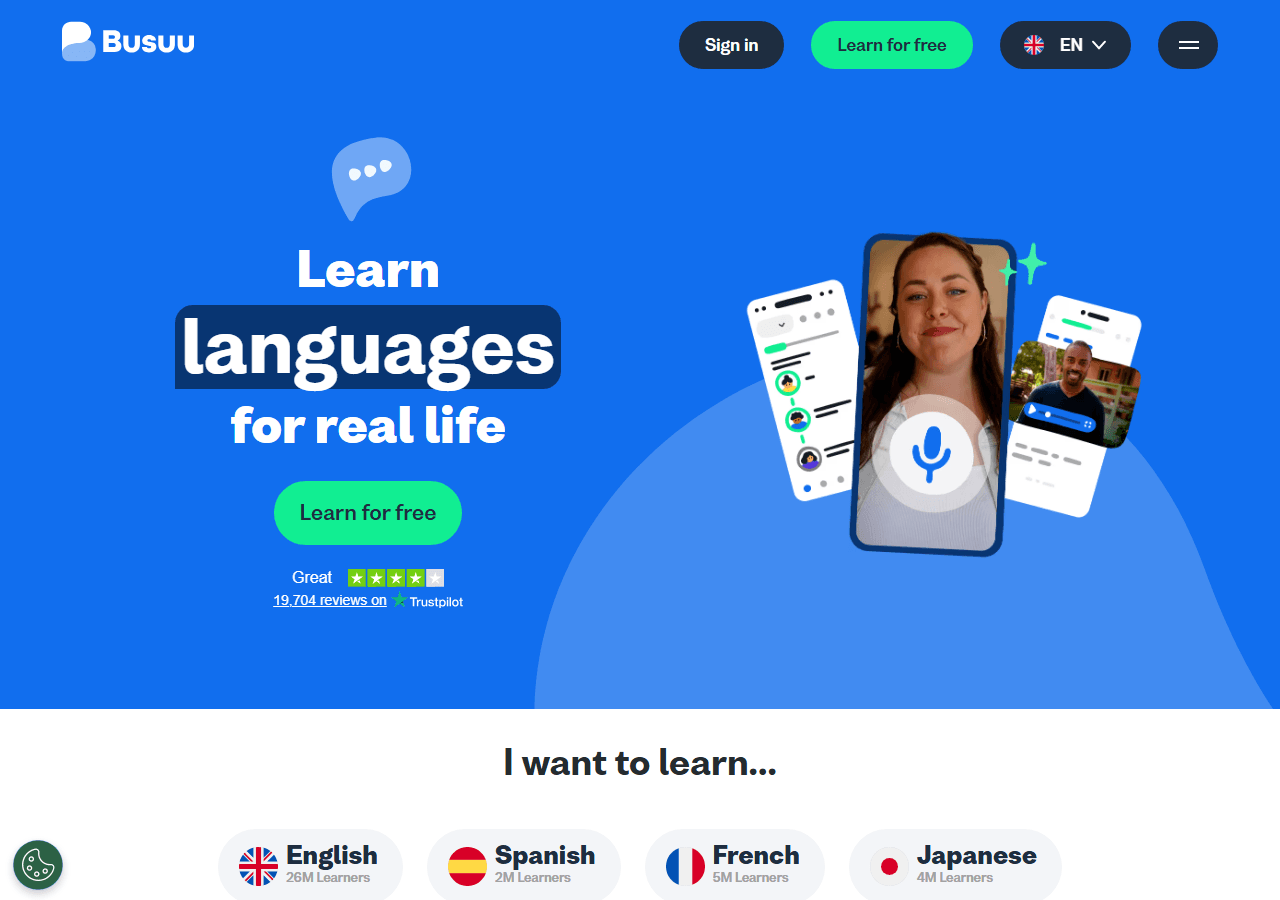 Busuu homepage for learning languages with native speakers, used in a review of Busuu as a language learning app.