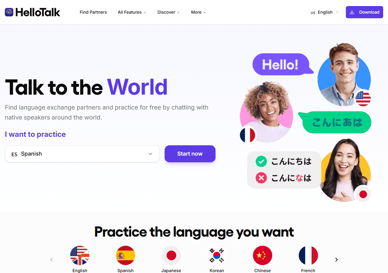 HelloTalk homepage for language exchange with native speakers, used in a review of HelloTalk as a language learning app.