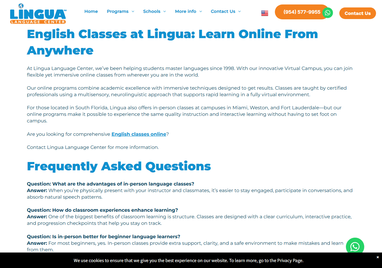 Lingua Language Center page comparing in-person and online language learning, used in a how-to on in-person tutors.