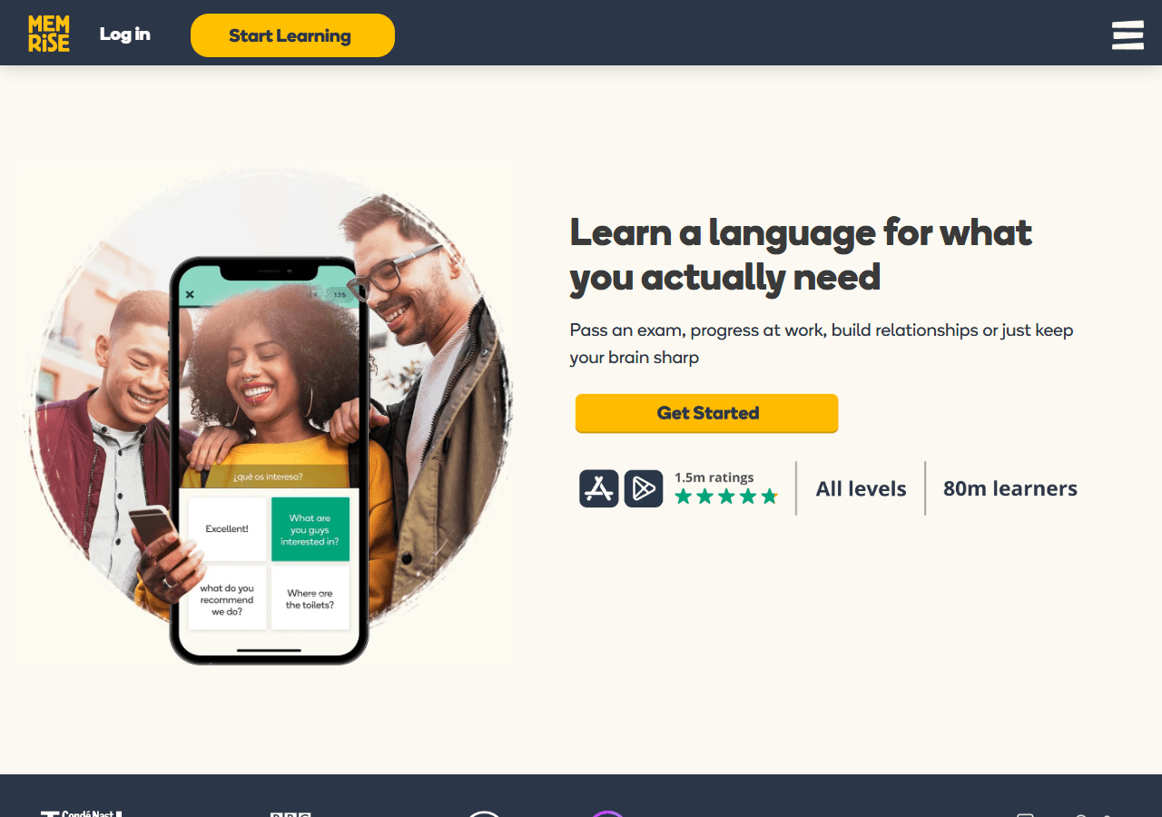 Memrise homepage promising language for real life, used in a review of Memrise as a language learning app.