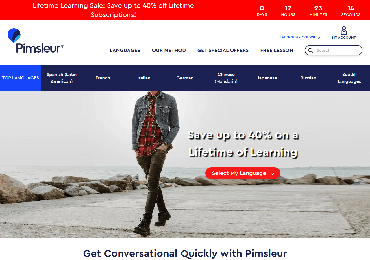 Pimsleur homepage promoting a lifetime learning sale, used in a review of Pimsleur as a language learning app.