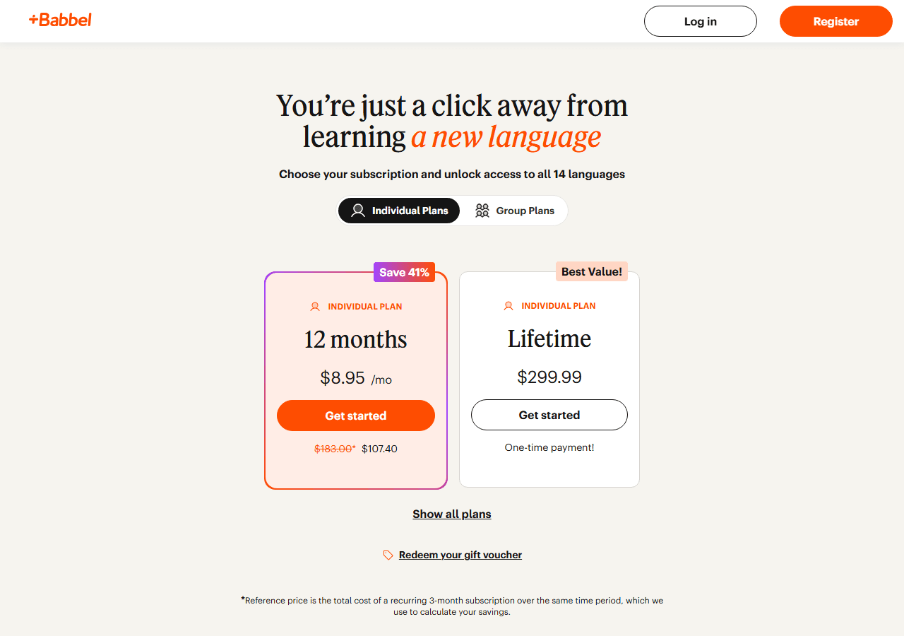 Babbel pricing page with 3, 6, and 12 month plans plus lifetime, used in a review of whether Babbel is worth it.