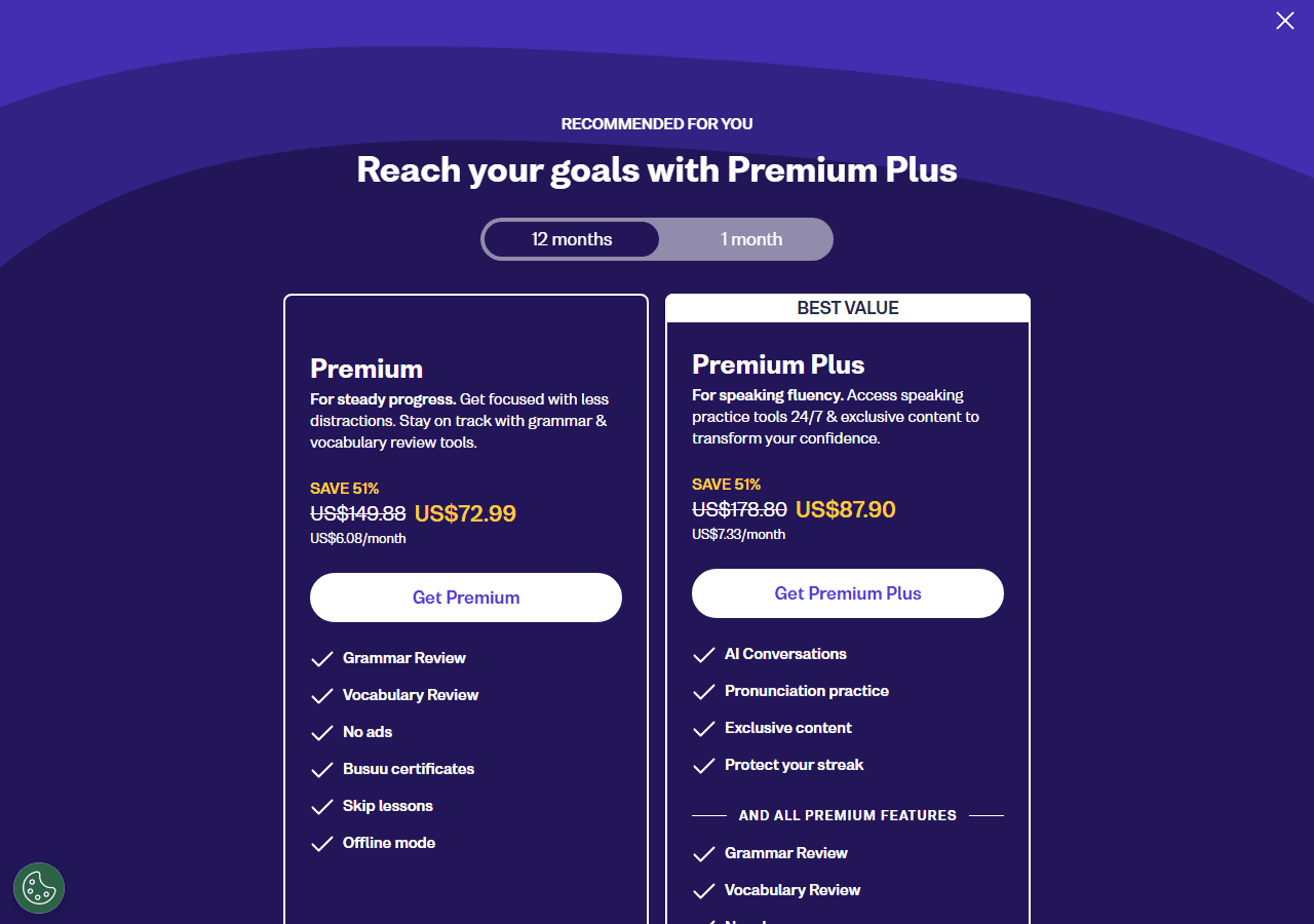 Busuu Premium plan page, used in a review of Busuu free vs Premium vs Plus pricing.