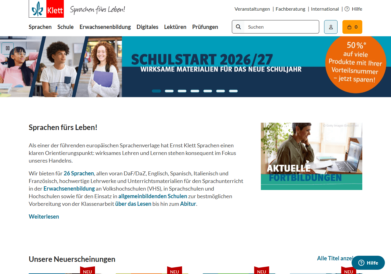 Klett Sprachen homepage for German graded readers, used in a two-week German readers roundup.